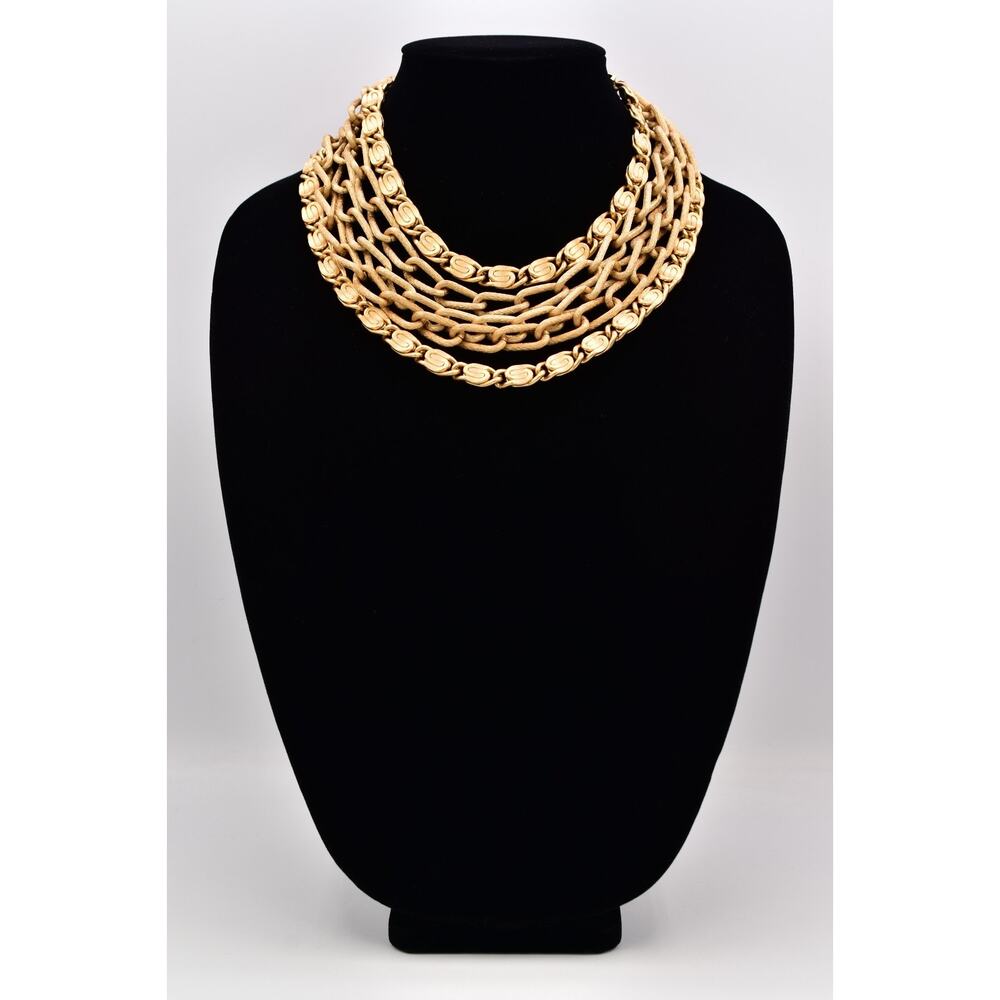 Vintage 1980s Gold Multi Strand Chain Necklace Bow Bib Statement Collar 80s BinT - Picture 4 of 12